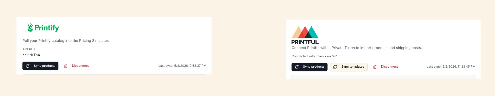 EverMargin settings showing Printify and Printful integrations both connected with sync and disconnect controls.