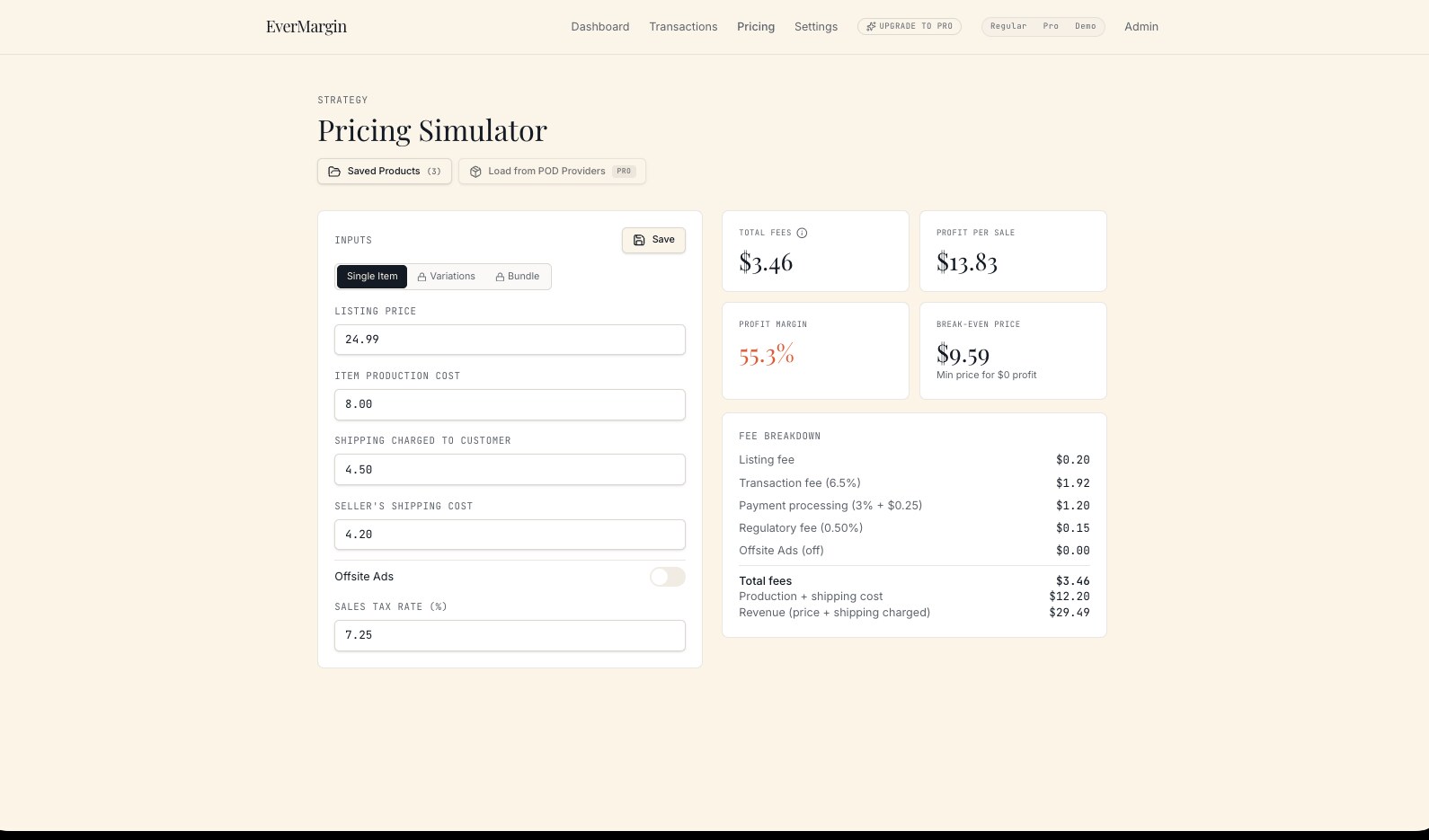 EverMargin pricing simulator with inputs on the left and fee breakdown on the right.