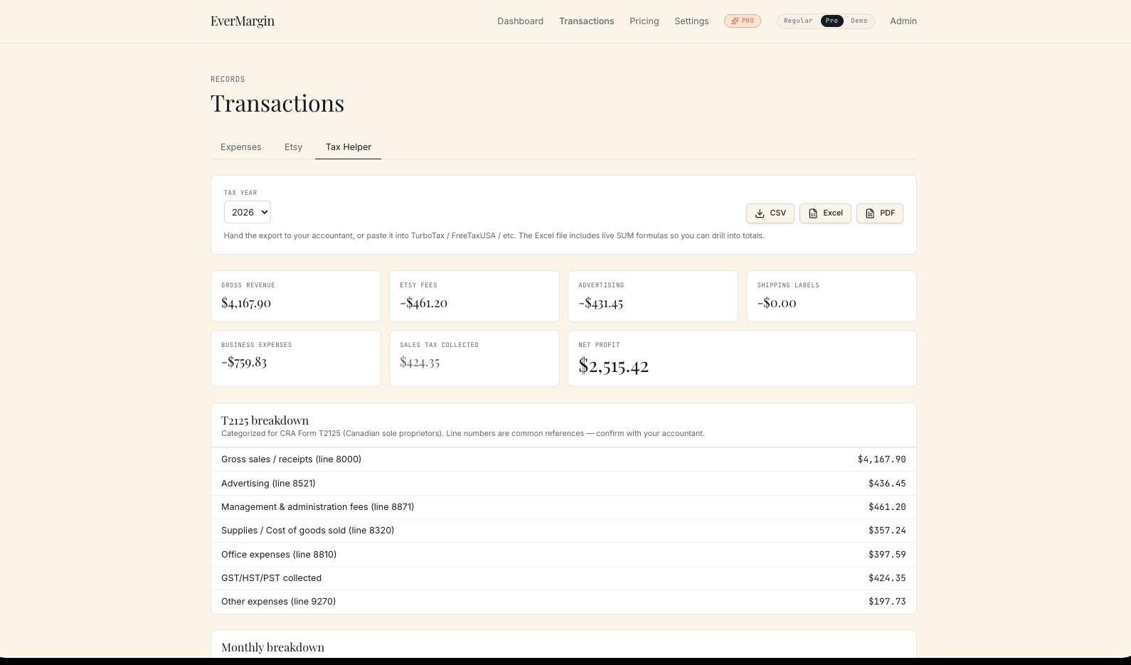 EverMargin tax helper showing taxable income summary and deductible category table.